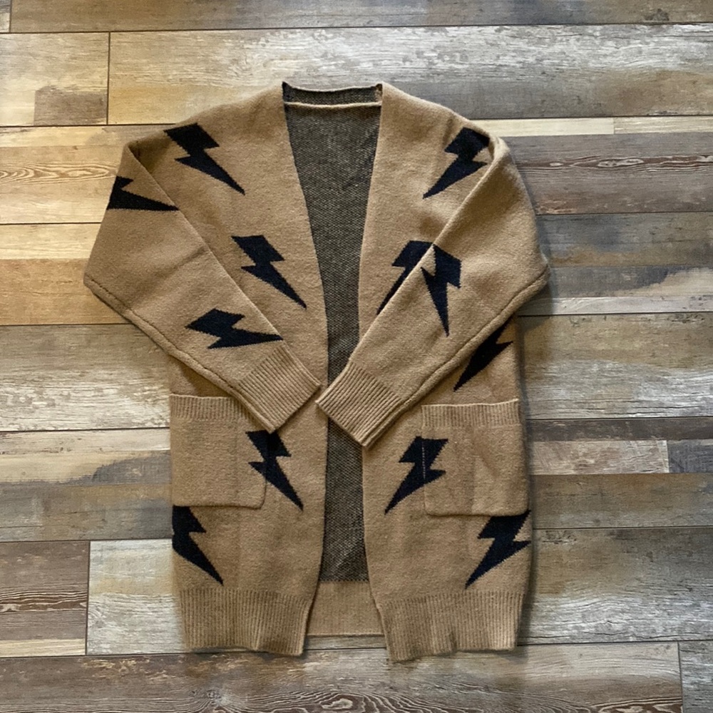 Lightening Bolt Cardigan- Tan/Black